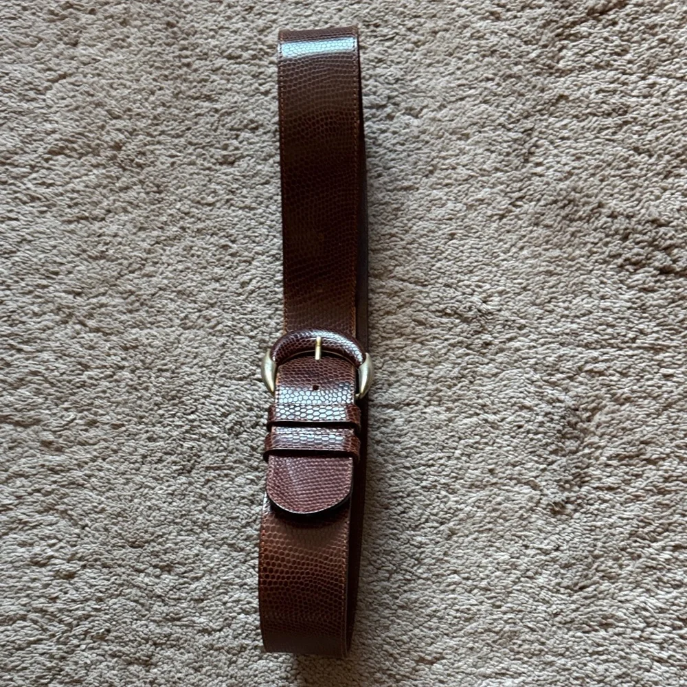 Vintage Cognac Wide Leather Belt with Snakeskin Pattern & Brass & leather Buckle